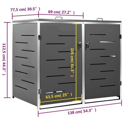 vidaXL 2-daļīga nojume atkritumu konteineram,138x77,5x112,5cm, tērauds