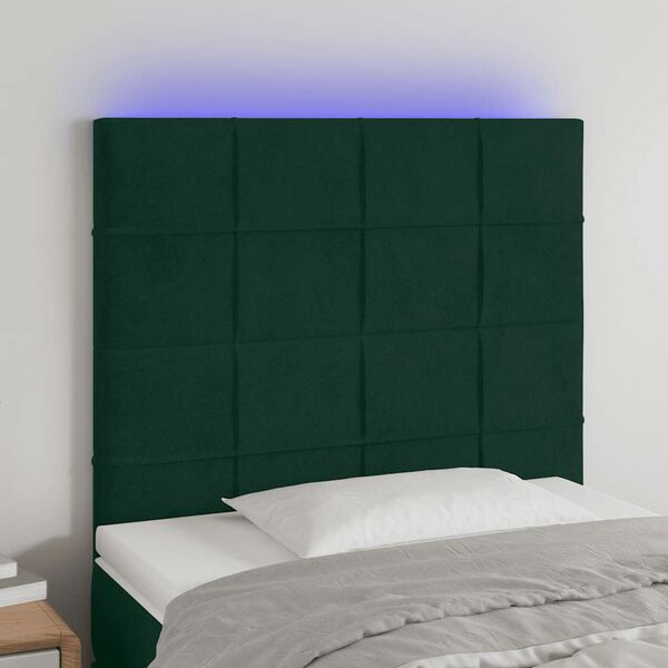 vidaXL gultas galvgalis ar LED, 83x16x118/128 cm, tum&scaron;i zaļ&scaron; samts