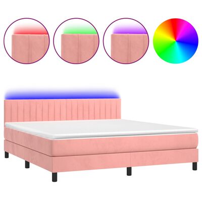 vidaXL atsperu gulta ar matraci, LED, rozā samts, 180x200 cm