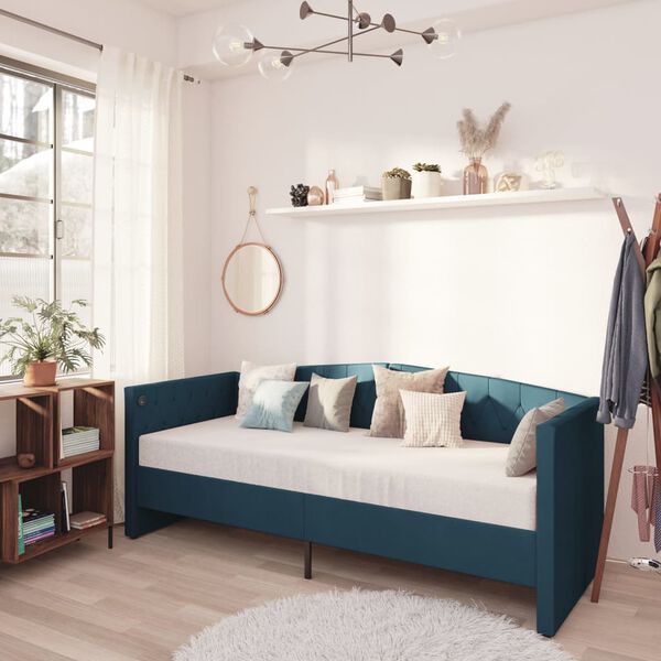 vidaXL dīvāngulta ar matraci, USB, zils samts, 90x200 cm