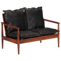 vidaXL 2-vietīgs dīvāns, melna dabīgā āda, akācijas masīvkoks