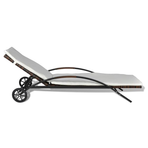 vidaXL sauļo&scaron;anās zvilnis ar matraci un riteņiem, brūna PE rotangpalma