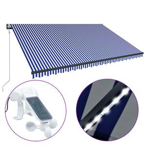 vidaXL markīze ar vēja sensoru un LED, 500x300 cm, zila ar baltu
