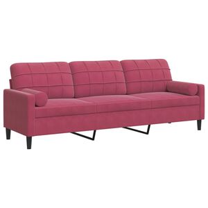 vidaXL trīsvietīgs dīvāns ar spilveniem, vīnsarkans, 210 cm, samts
