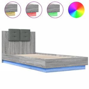 vidaXL gultas rāmis ar galvgali un LED, pelēka ozola, 90x200 cm
