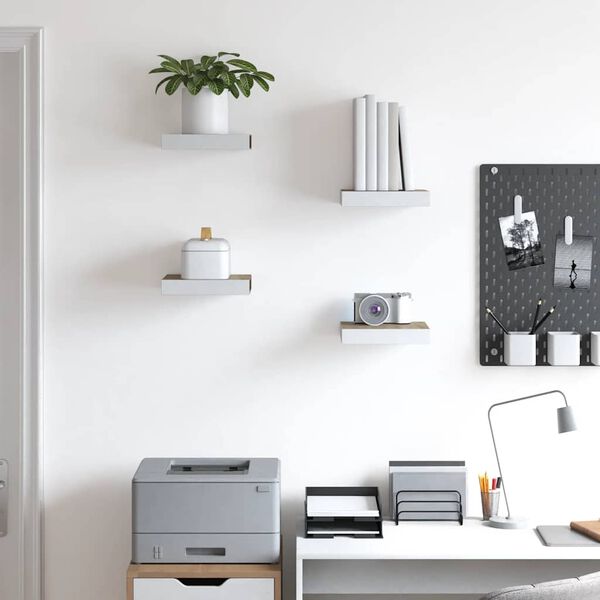 vidaXL sienas plaukti, 4 gab., balti, ozolkoka, 23x23,5x3,8 cm, MDF