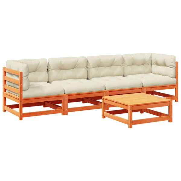 vidaXL 5-daļīgs dārza dīvānu komplekts, matrači, brūns priedes koks