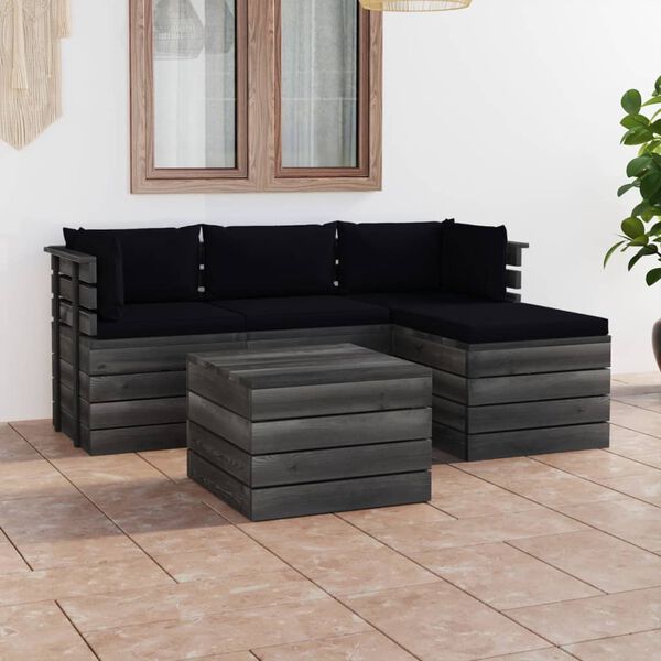 vidaXL 5-daļīgs dārza pale&scaron;u mēbeļu komplekts ar matračiem, priede