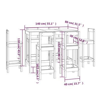 vidaXL 7-daļīgs bāra mēbeļu komplekts, priedes masīvkoks