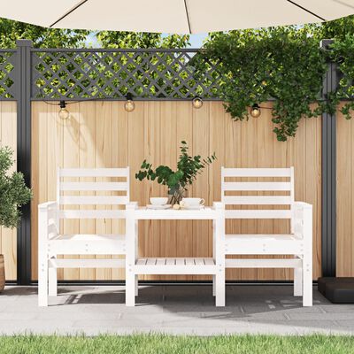 vidaXL dārza sols ar galdiņu, divvietīgs, balts, priedes masīvkoks