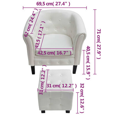 vidaXL klubkrēsls ar kāju soliņu, balta mākslīgā āda