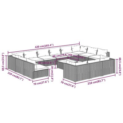 vidaXL 14-daļīgs dārza mēbeļu komplekts, matrači, melna PE rotangpalma