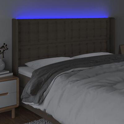 vidaXL gultas galvgalis ar LED, 163x16x118/128 cm, pelēkbrūns audums