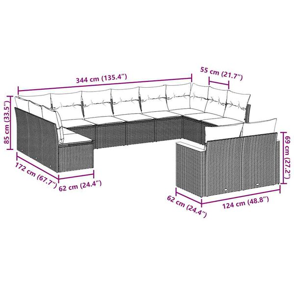 vidaXL 12-daļīgs dārza dīvānu komplekts, matrači, melna PE rotangpalma