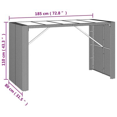 vidaXL bāra galds, stikla virsma, melns, 185x80x110 cm, PE rotangpalma