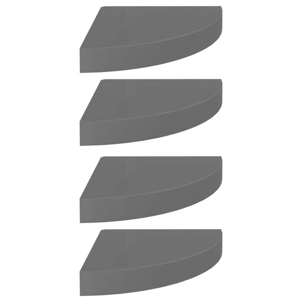 vidaXL stūra sienas plaukti, 4 gab., spīdīgi pelēki, 25x25x3,8 cm, MDF