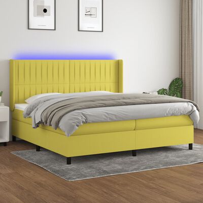 vidaXL atsperu gulta ar matraci, LED, zaļš audums, 200x200 cm