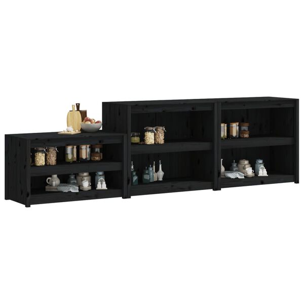 vidaXL āra virtuves skapī&scaron;i, 3 gab., melni, priedes masīvkoks