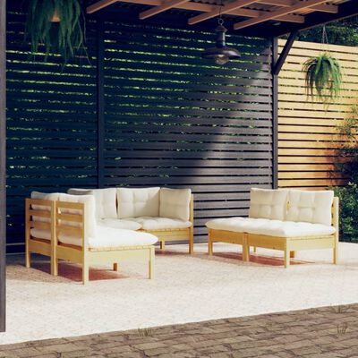 vidaXL 6-daļīgs dārza mēbeļu komplekts ar krēmkrāsas matračiem, priede