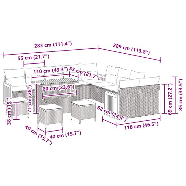 vidaXL Dārza dīvānu komplekts ar spilvenu 18 pcs Melna poliratāns