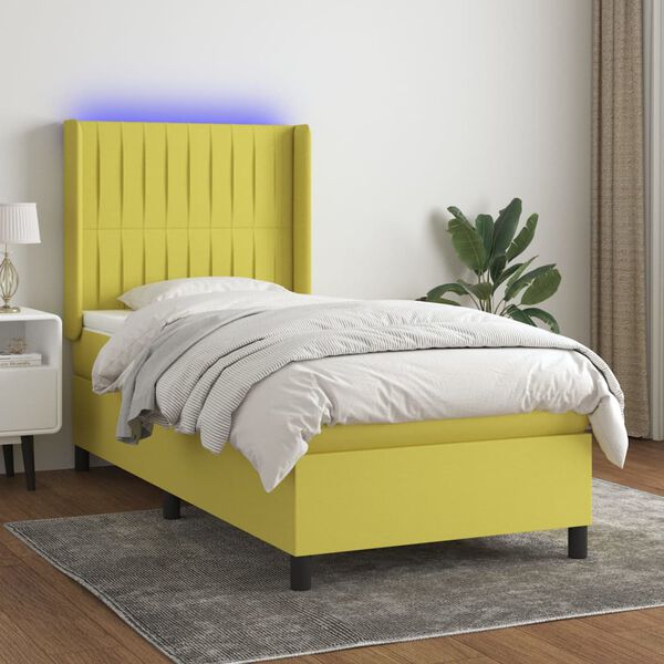 vidaXL atsperu gulta ar matraci, LED, zaļ&scaron; audums, 90x190 cm