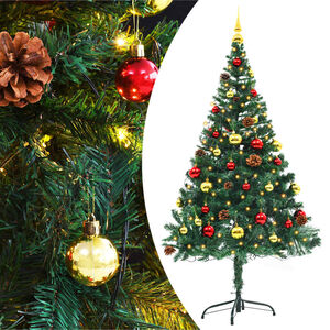 vidaXL izgaismota mākslīgā Ziemassvētku egle ar bumbām, 150 cm, zaļa