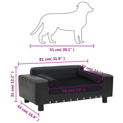 vidaXL suņu dīvāns, melns, 81x43x31 cm, plīšs, mākslīgā āda