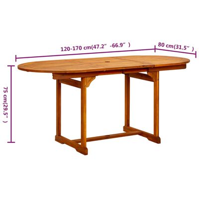 vidaXL dārza galds, (120-170)x80x75 cm, akācijas masīvkoks