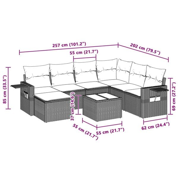 vidaXL 8-daļīgs dārza dīvāna komplekts,matrači, gai&scaron;i pelēka PE pinums