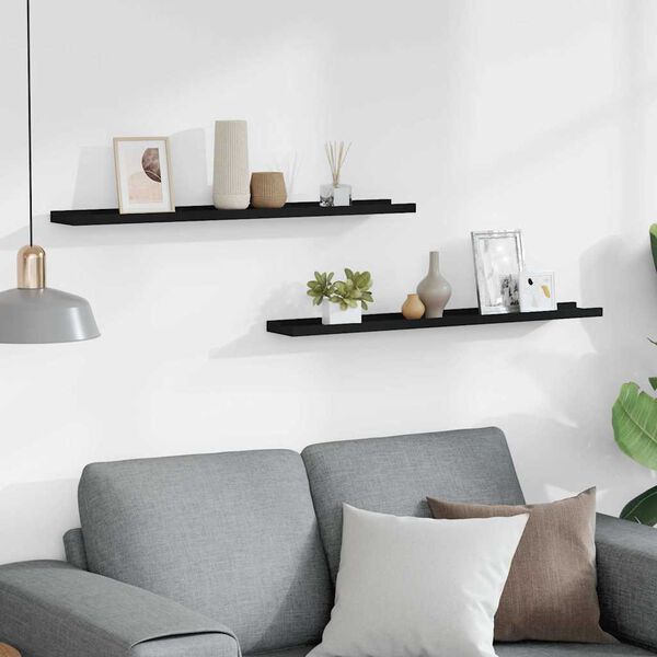 vidaXL sienas plaukti ar apmalēm, 2 gab., melni, 80x9x3 cm, MDF