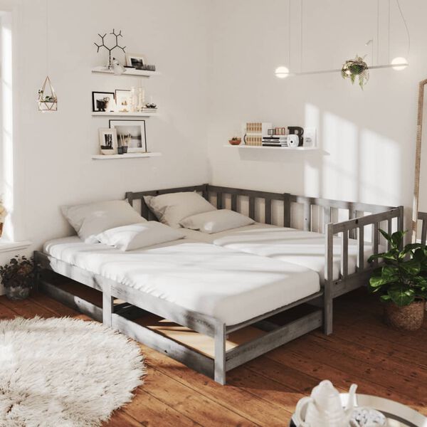 vidaXL izvelkama gulta, 2x(90x200) cm, pelēka, priedes masīvkoks