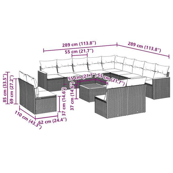 vidaXL 14-daļīgs dārza dīvāna komplekts, matrači, melna PE rotangpalma