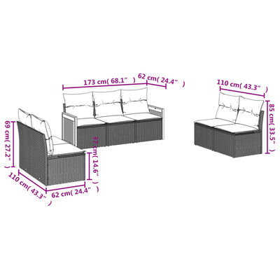 vidaXL 7-daļīgs dārza dīvāna komplekts, matrači, pelēka PE rotangpalma