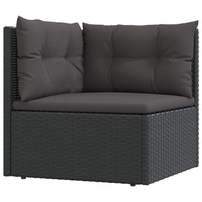 vidaXL dārza stūra dīvāns ar spilveniem, melna PE rotangpalma