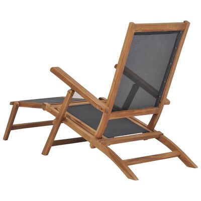 vidaXL pludmales krēsls ar kāju balstu, masīvs tīkkoks, melns