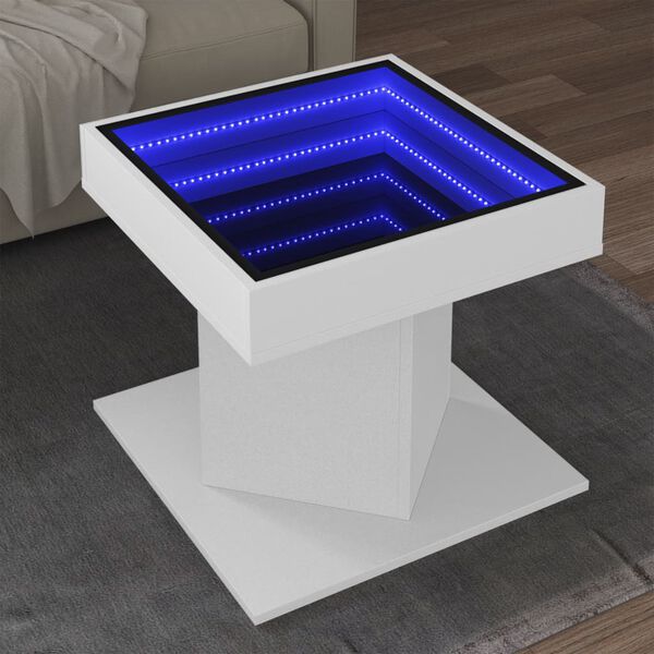 vidaXL kafijas galdiņ&scaron; ar LED, balts, 50x50x45 cm, inženierijas koks
