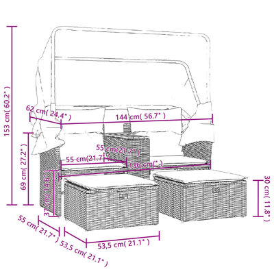 vidaXL divvietīgs dārza dīvāns ar jumtiņu un taburetēm, melns, PE