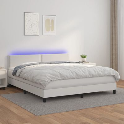 vidaXL atsperu gulta ar matraci, LED, balta, 180x200 cm, mākslīgā āda