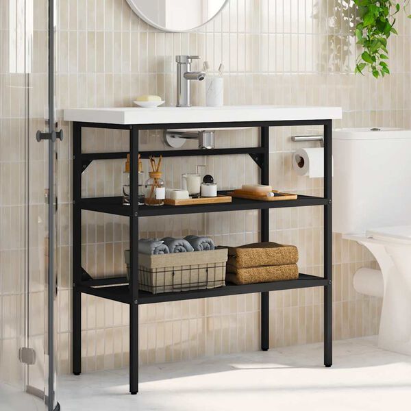 vidaXL vannasistabas izlietnes rāmis, melns, 79x38x83 cm, dzelzs