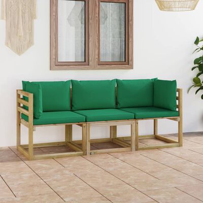 vidaXL 3-vietīgs dārza dīvāns ar zaļiem matračiem