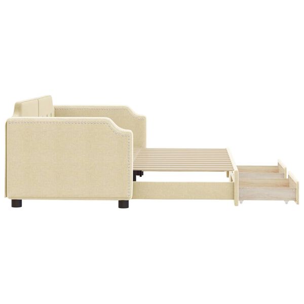 vidaXL izvelkams dīvāns ar atvilktnēm, krēmkrāsas audums, 90x200 cm