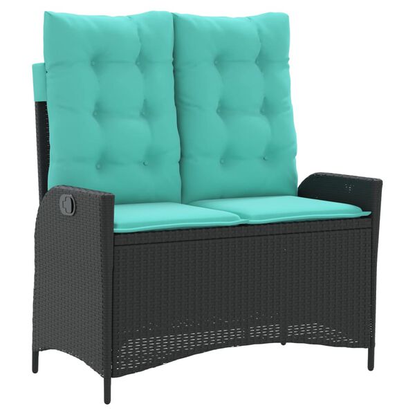 vidaXL atgāžams dārza sols ar matračiem, melna PE rotangpalma