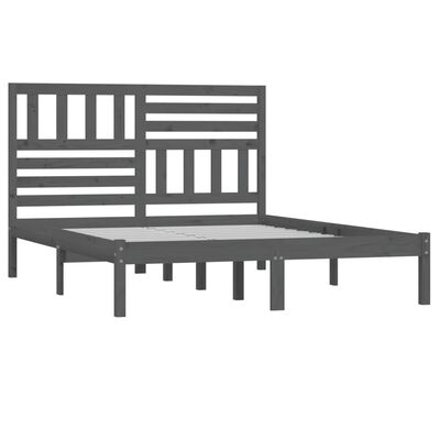 vidaXL gultas rāmis, pelēks, 135x190 cm, priedes masīvkoks, divvietīgs