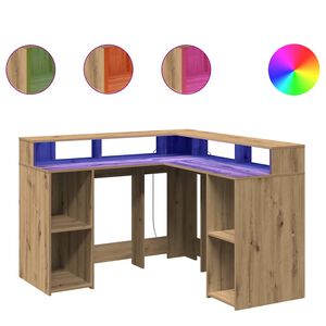 vidaXL rakstāmgalds, LED, koka krāsa, 130x130x91 cm, inženierijas koks