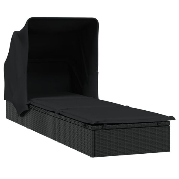 vidaXL sauļo&scaron;anās gulta ar saliekamu jumtu, melna PE rotangpalma