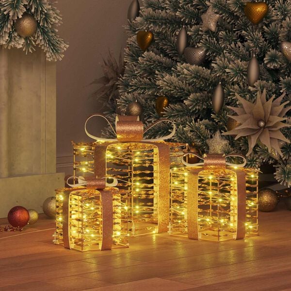 vidaXL Dāvanu kaste su 60 LED 3 pcs Silti balta 20 x 20 x 20 cm PET
