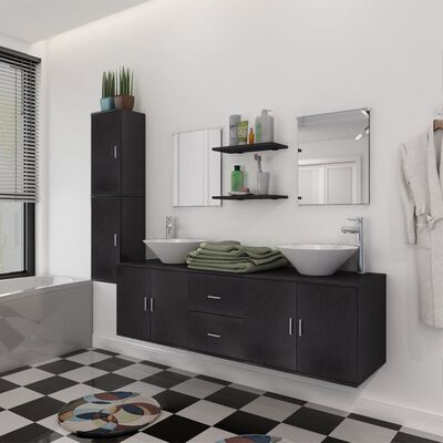 vidaXL vannas istabas mēbeles, izlietnes un krāni, 11 gab., melns