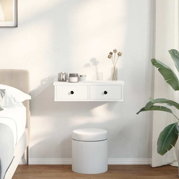 vidaXL sienas plaukts ar atvilktnēm, balts, 60x28x15cm, skaidu plāksne