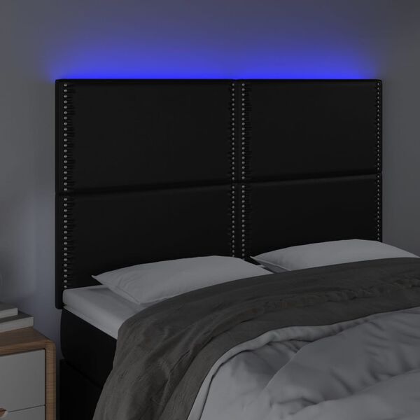vidaXL gultas galvgalis ar LED, 144x5x118/128 cm, melns mākslīgā āda