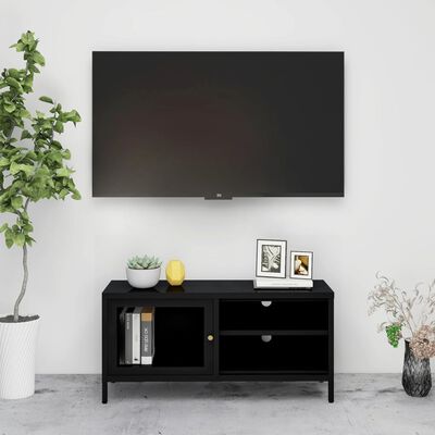 vidaXL TV skapītis, melns, 90x30x44 cm, tērauds un stikls